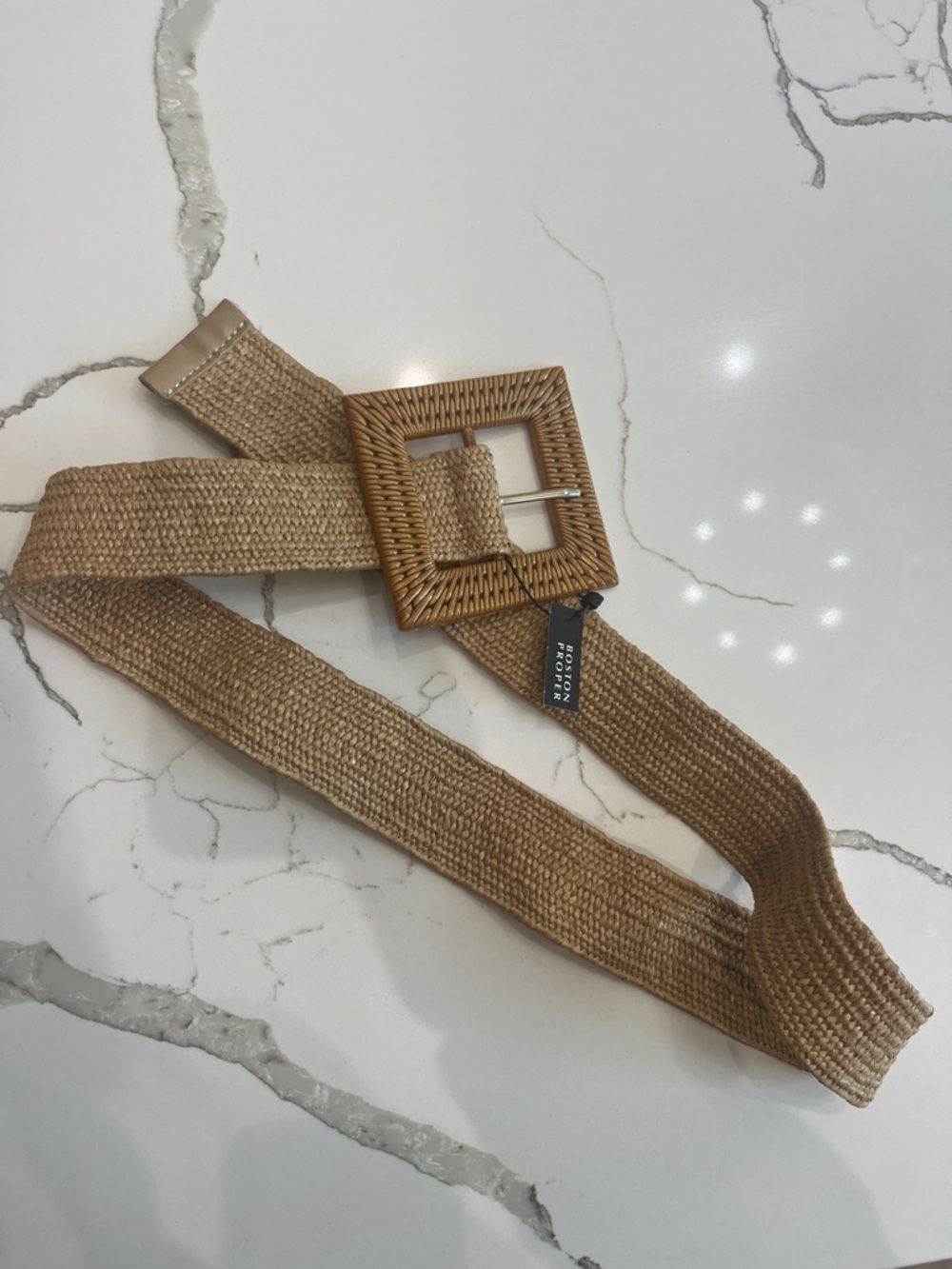 Boston Proper Woven Stretch Natural Belt with Square Buckle M NWT